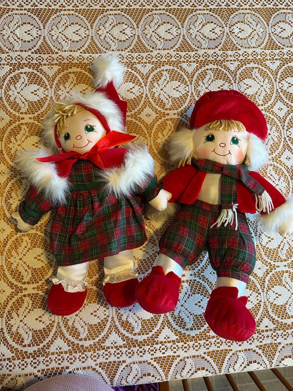 Vintage 90s Sweet Christmas Kids Plush Doll Pair Boy Girl Matching Plaid